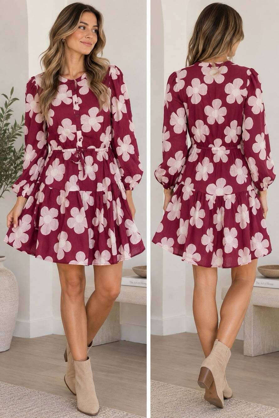 Jacquie The Label Large Burgundy Pink Floral Cotton Tiered Mini Dress NWT